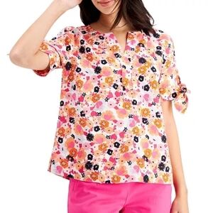 NWT Charter Club Linen Tie-Sleeve Top Floral Print PXL